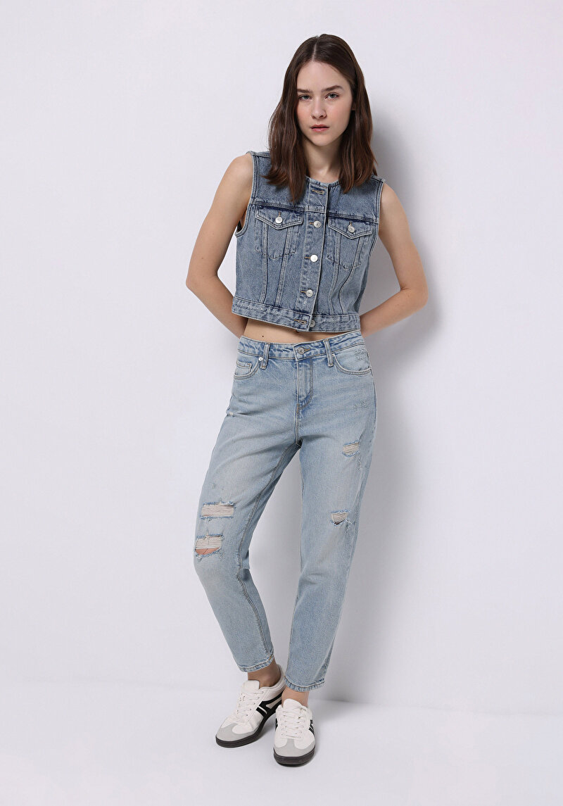 Afișați detalii pentru Mom Fit Rising Waist Shrinking Leg Blugi İndigo Deschiși Pentru Femei