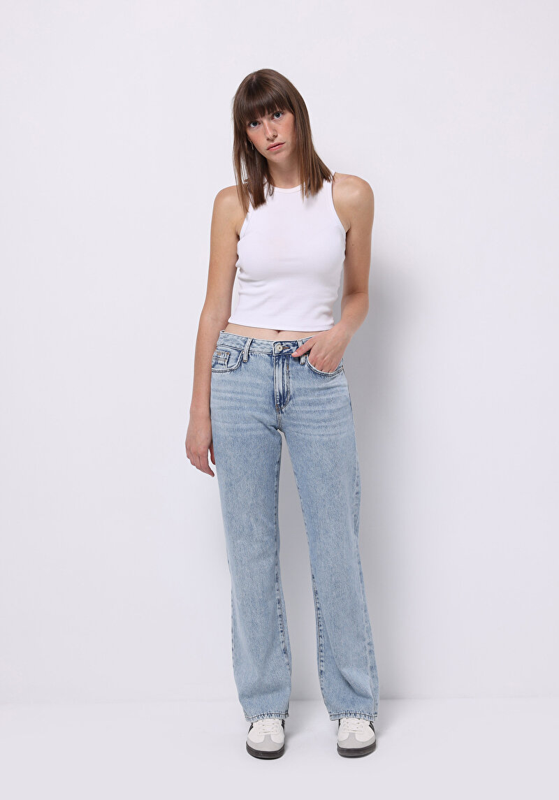 Imagine a Drept Fit Talie Medie Picior Drept Blugi Indigo Pentru Femei