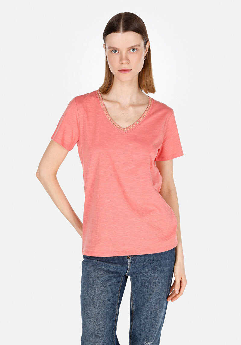 Imagine a Regular Fit V-Neck Drept Tricou Cu Mânecă Scurtă Portocaliu Pentru Femei