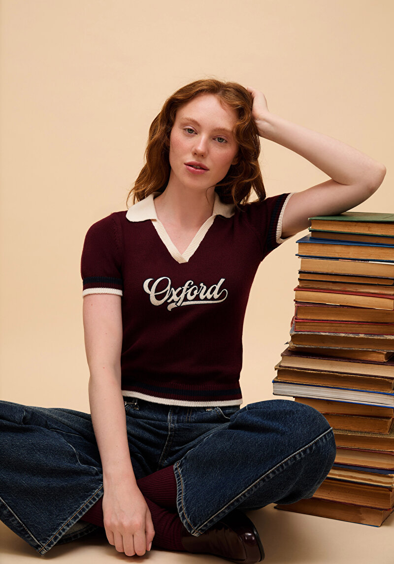 Imagine a Pulover Cu Mâneci Scurte De Dama Bordo Slim Fit  Cl1075511