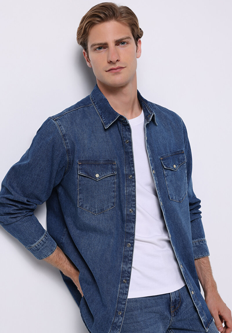 Imagine a Camasa Cu Maneca Lunga De Barbati Albastru Regular Fit  Cl1076174