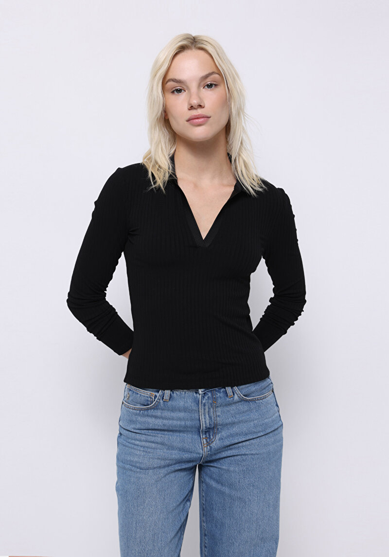 Imagine a Bluza Cu Maneca Lunga De Dama Negru Slim Fit Cl1075898