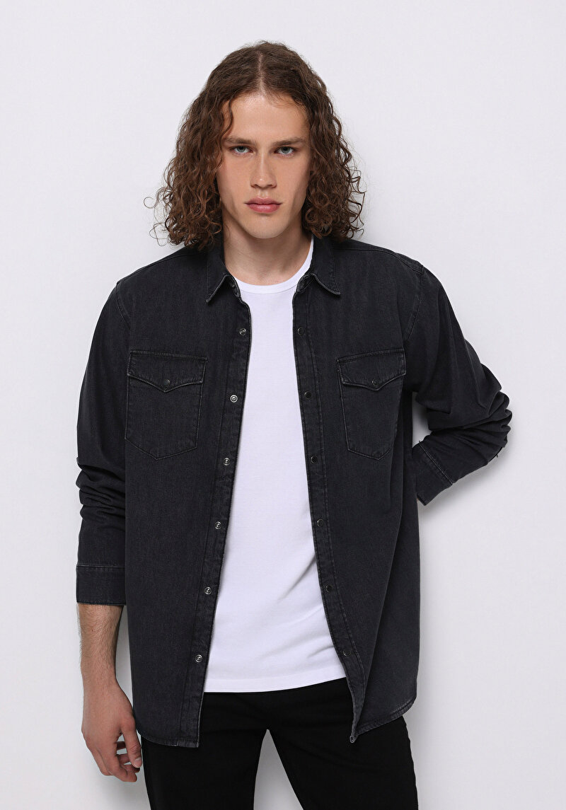 Imagine a Camasa Cu Maneca Lunga De Barbati Negru Regular Fit  Cl1076175