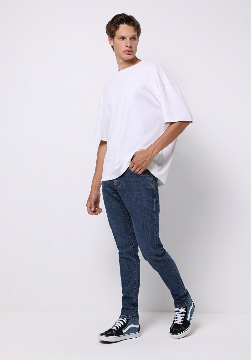 Imagine a Slim Fit Talie Joasă Picior Îngust Blugi İndigo Pentru Bărbați