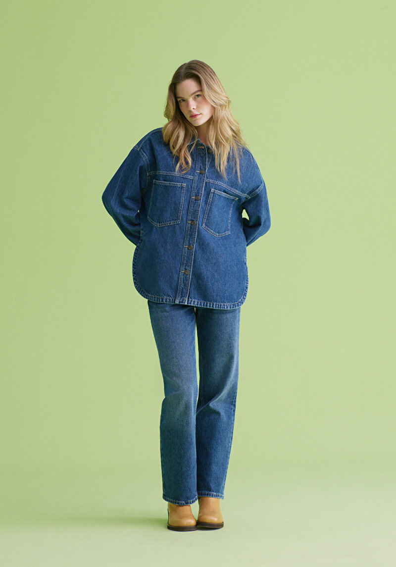 Imagine a Pantaloni De Dama Albastru Straight Fit Cl1078431