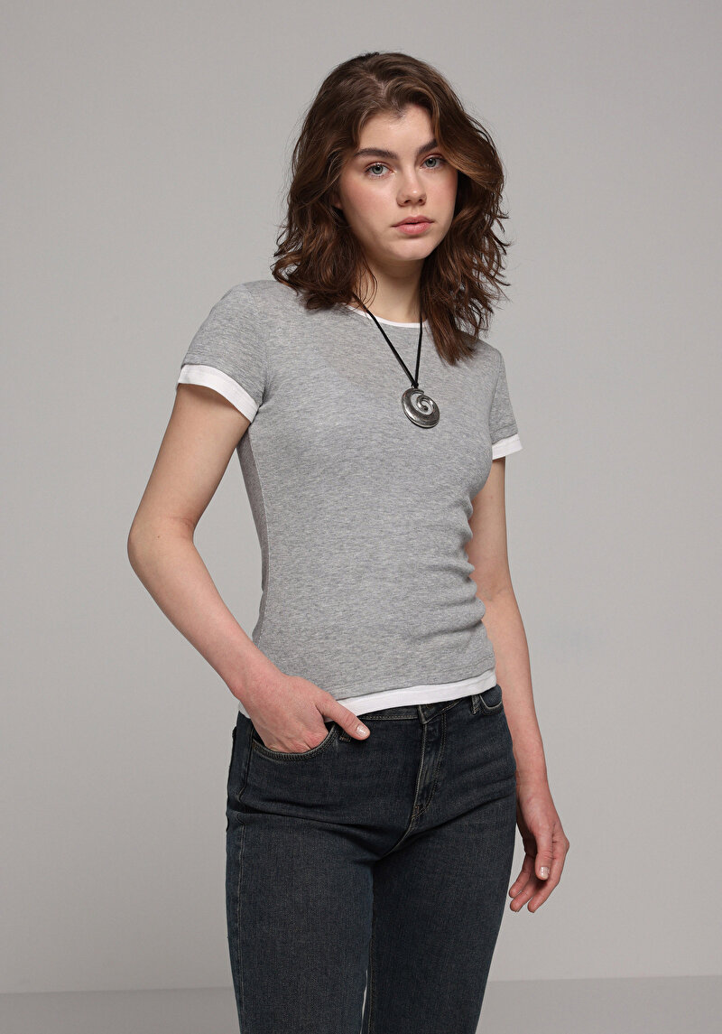 Imagine a Pulover Cu Mâneci Scurte De Dama Gri Slim Fit  Cl1077970