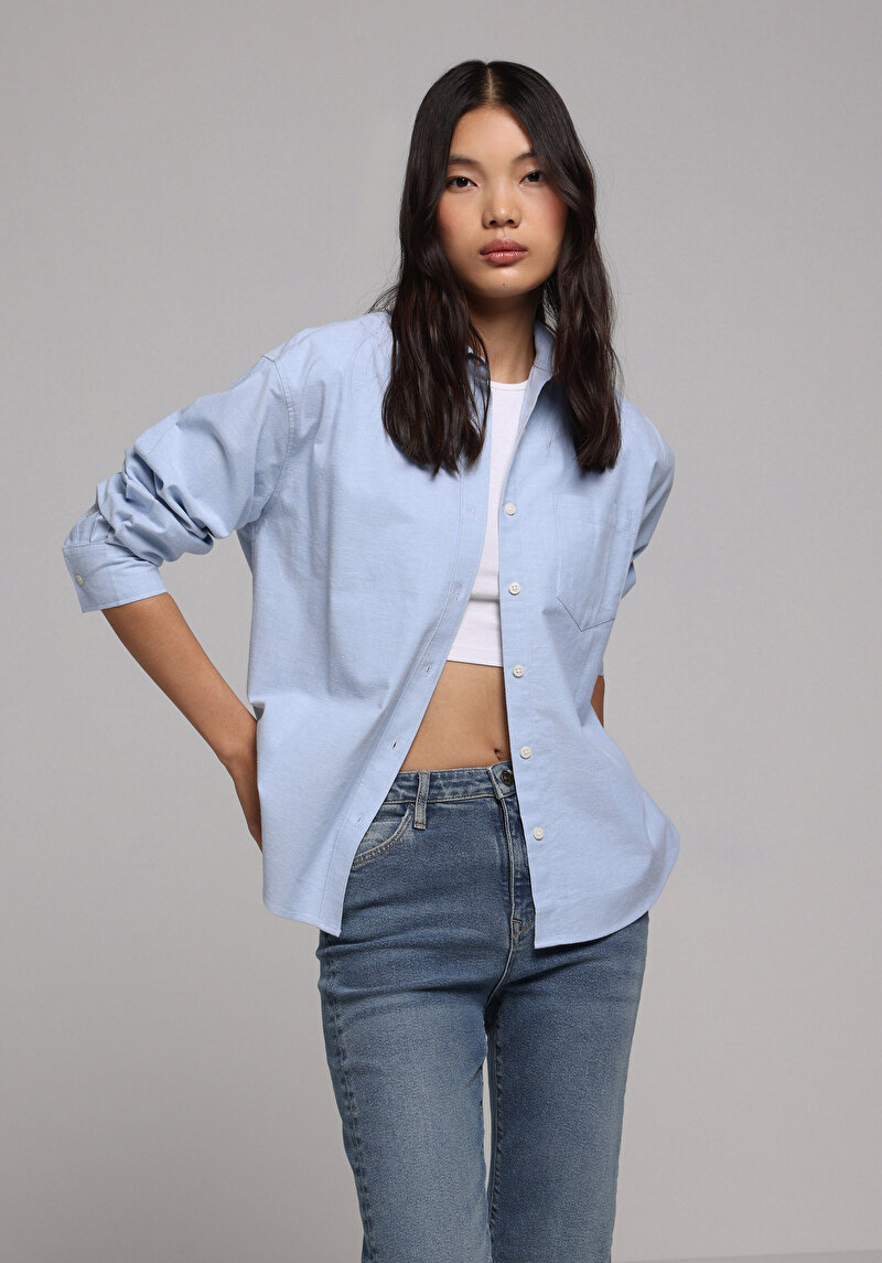 Imagine a Camasa Cu Maneca Lunga De Dama Albastru Boyfriend Fit Cl1078107