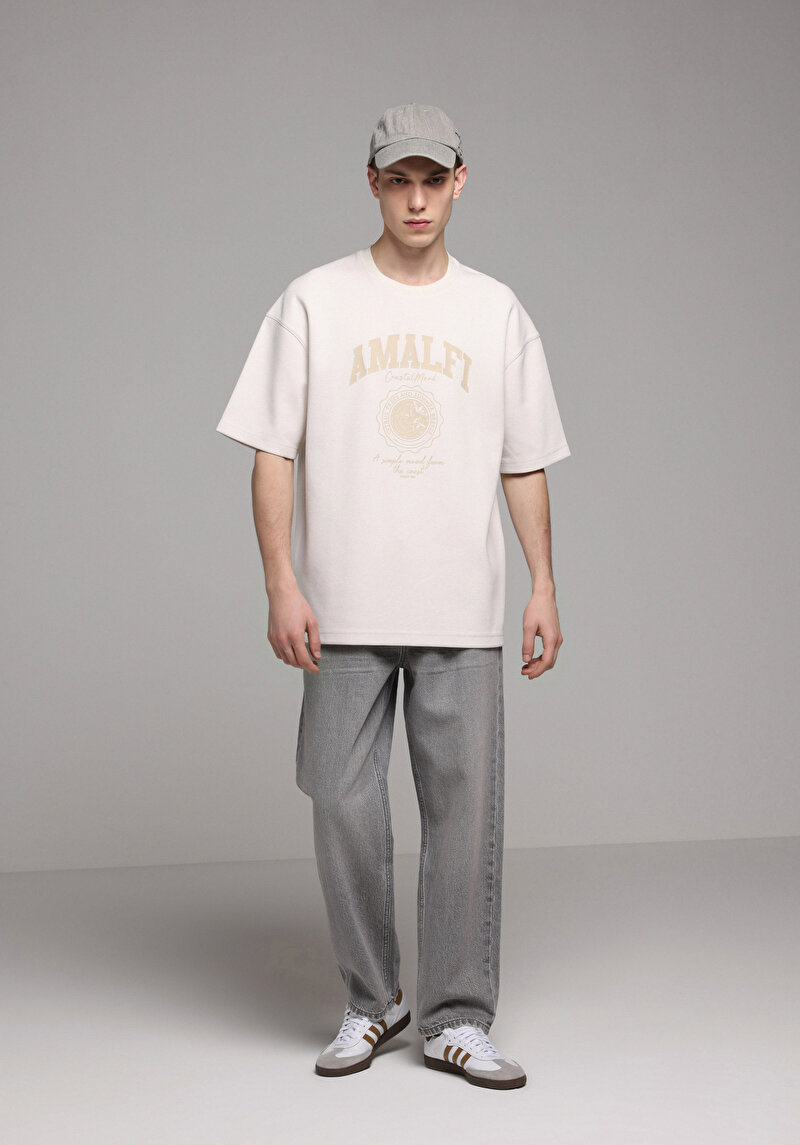 Imagine a Tricou Cu Maneca Scurta De Barbati Bej Oversize Fit Cl1078803