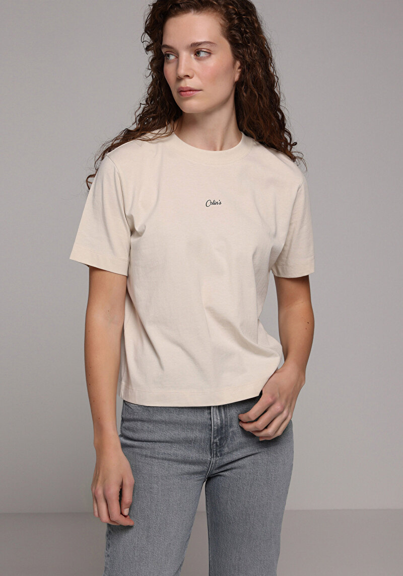 Imagine a Tricou Cu Maneca Scurta De Dama Bej Boxy Fit Cl1079348