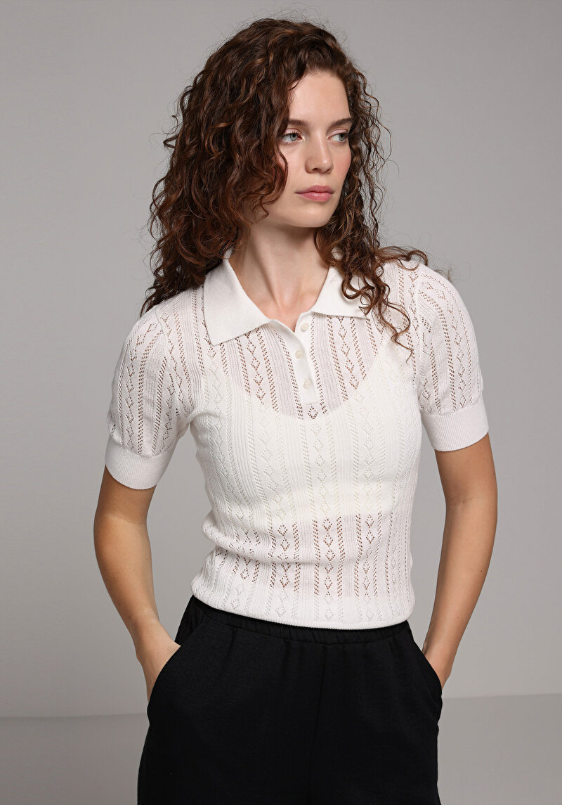 Imagine a Pulover Cu Mâneci Scurte De Dama Ecru Slim Fit  Cl1077499