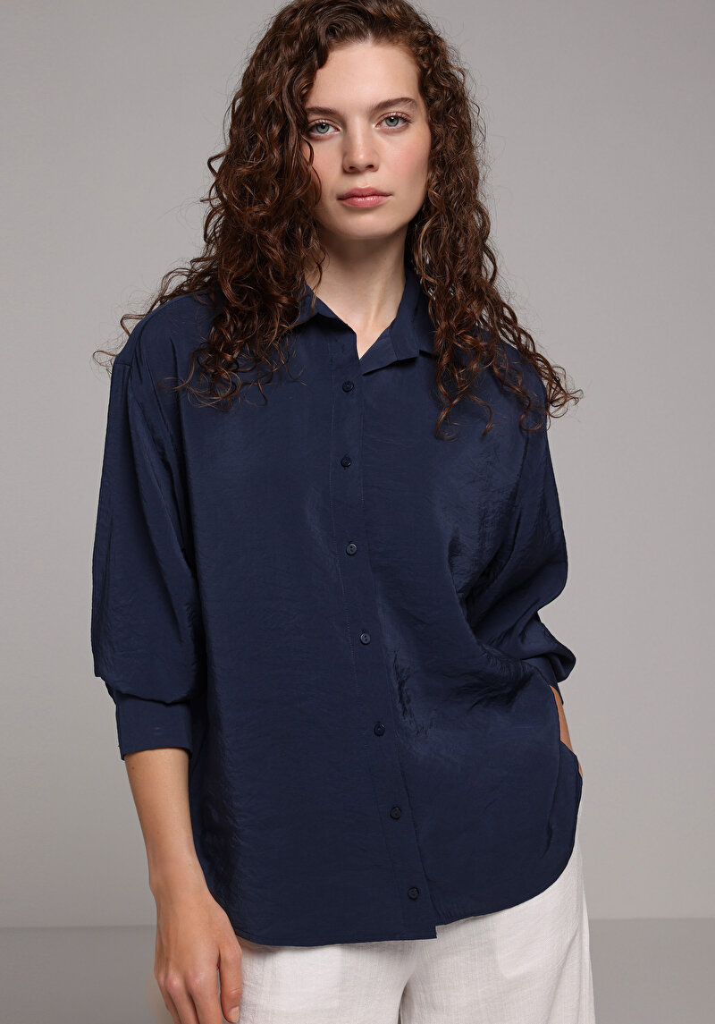 Imagine a Camasa Cu Maneca Lunga De Dama Albastru Marin Boyfriend Cl1079376