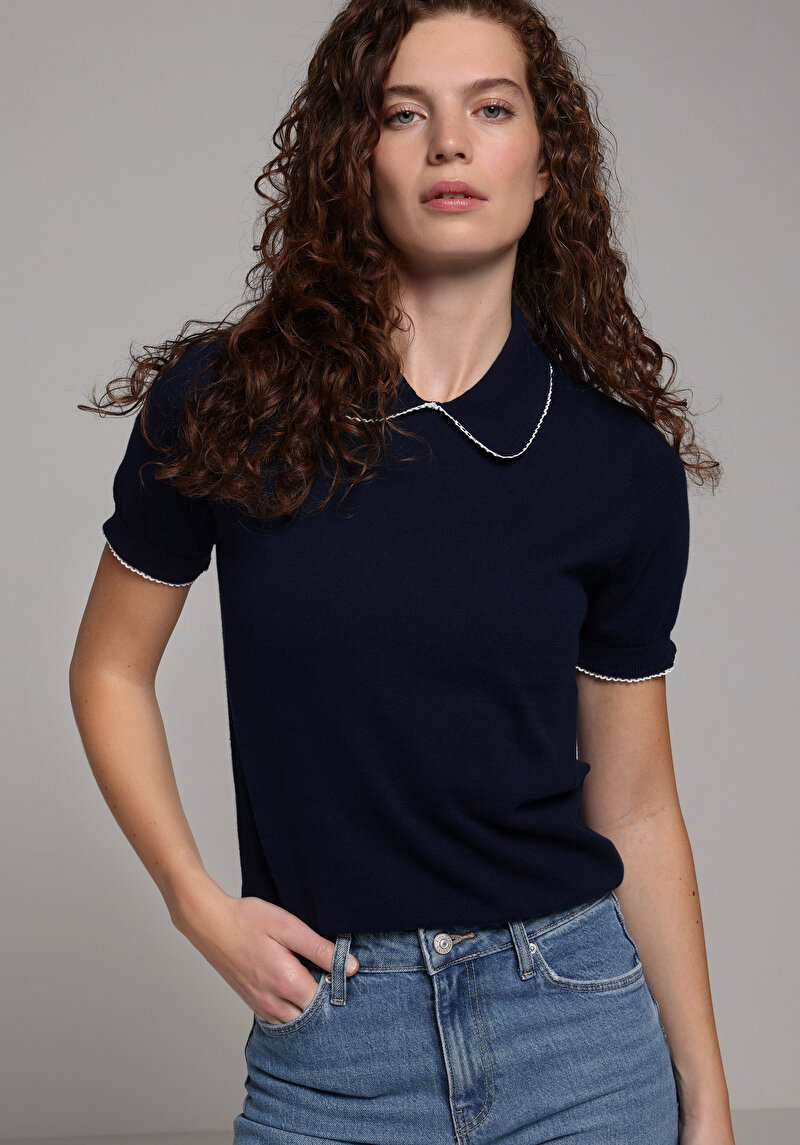 Imagine a Pulover Cu Mâneci Scurte De Dama Albastru Marin Slim Fit Cl1080473