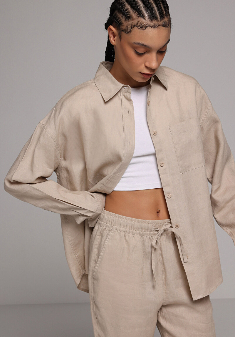 Imagine a Camasa Cu Maneca Lunga De Dama Bej Boyfriend Fit  Cl1078739