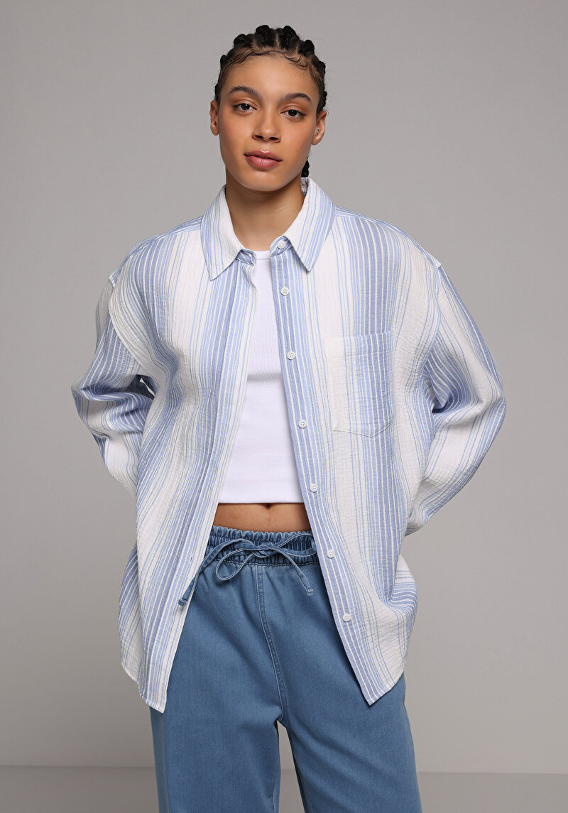 Imagine a Camasa Cu Maneca Lunga De Dama Albastru Oversize Cl1079410