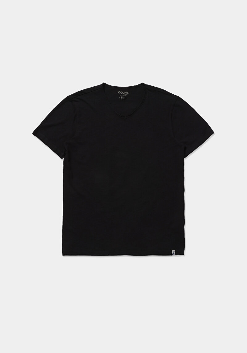 Afișați detalii pentru Regular Fit Tricou Negru Cu Mânecă Scurtă Pentru Bărbați Cu Decolteu În V