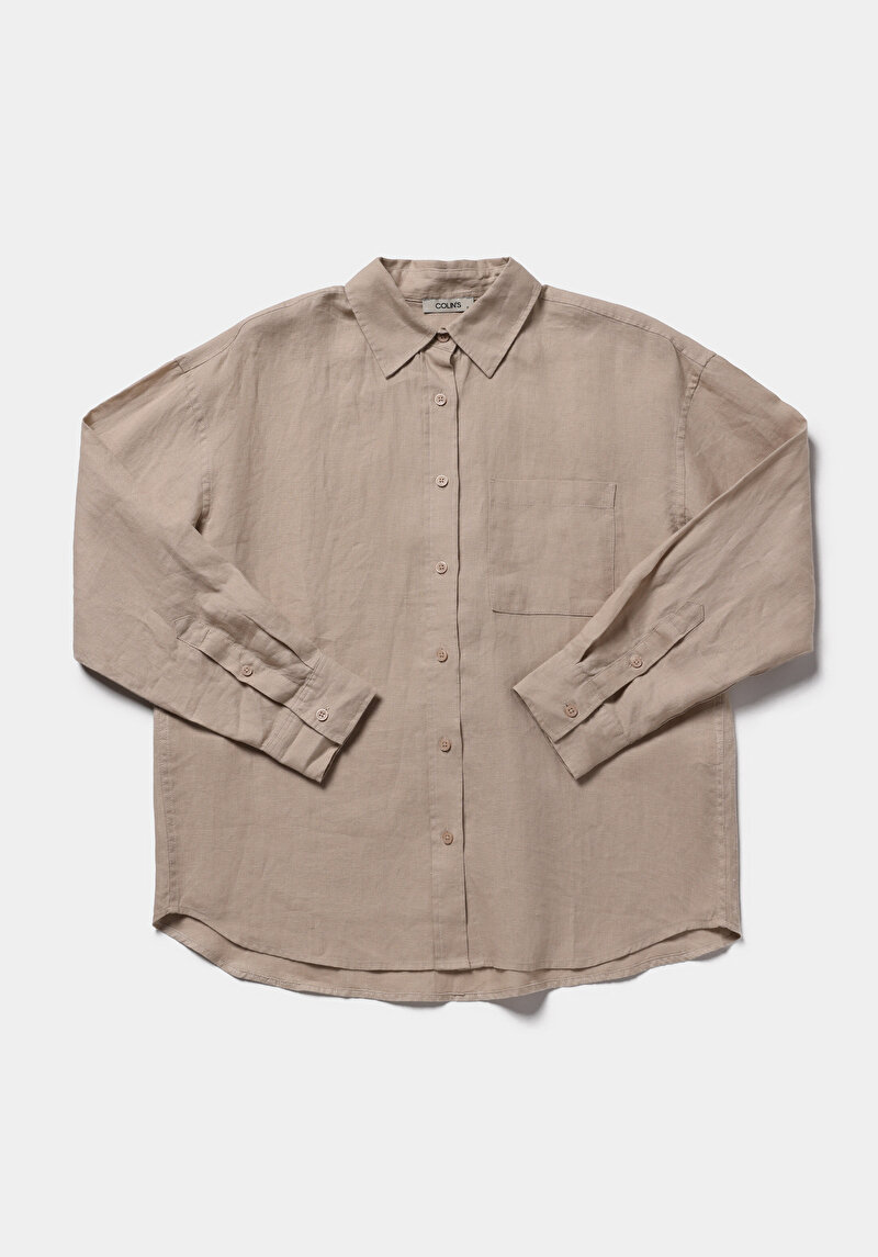 Imagine a Camasa Cu Maneca Lunga De Dama Bej Boyfriend Fit  Cl1078739