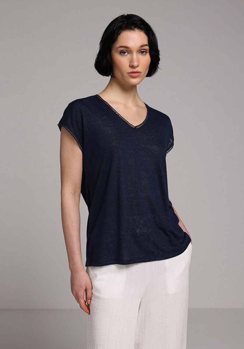 Imagine a Bluza Cu Maneca Scurta De Dama Albastru Marin Regular Fit Cl1079150