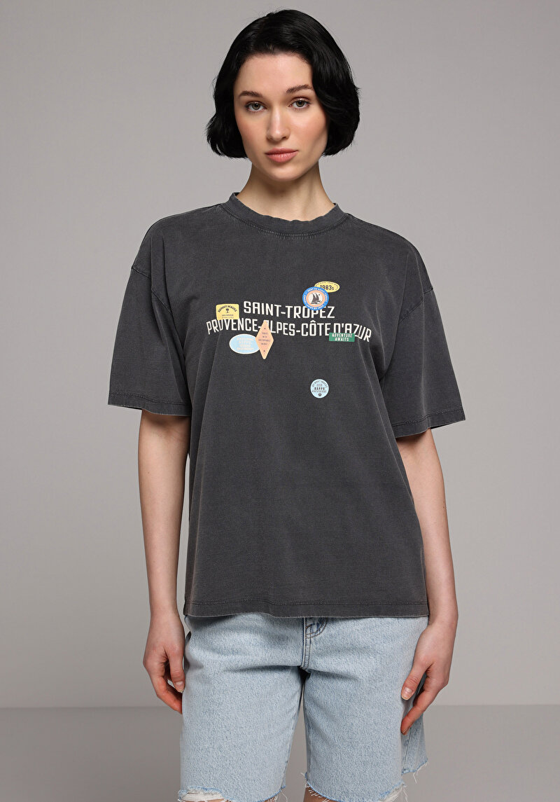 Imagine a Tricou Cu Maneca Scurta De Dama Antracit Oversize Fit  Cl1082272