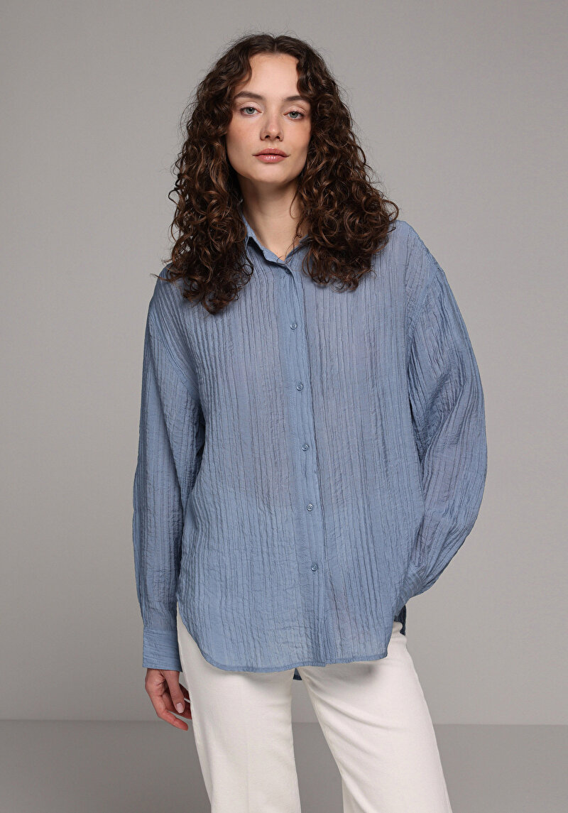Imagine a Camasa Cu Maneca Lunga De Dama Albastru Oversize Fit Cl1078995