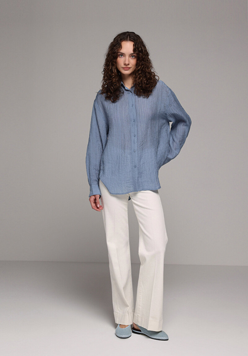 Imagine a Camasa Cu Maneca Lunga De Dama Albastru Oversize Fit Cl1078995
