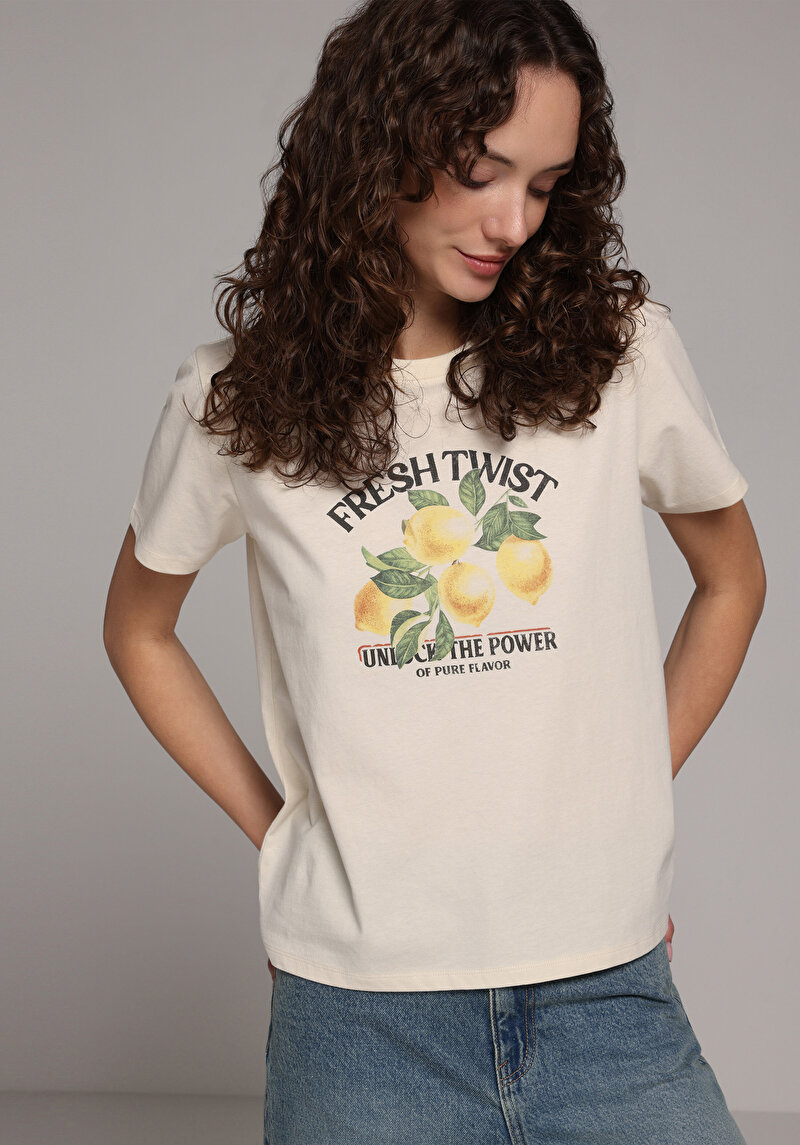 Imagine a Tricou Cu Maneca Scurta De Dama Ecru Regular Fit  Cl1079668