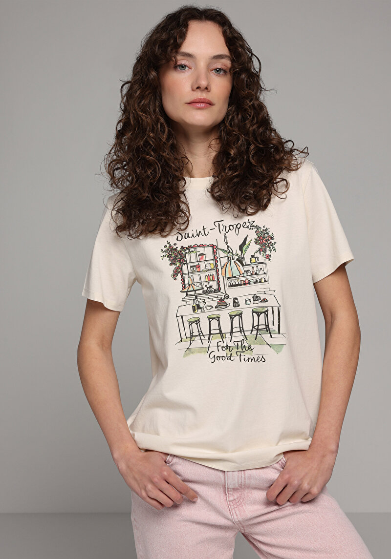 Imagine a Tricou Cu Maneca Scurta De Dama Ecru Regular Fit Cl1079673