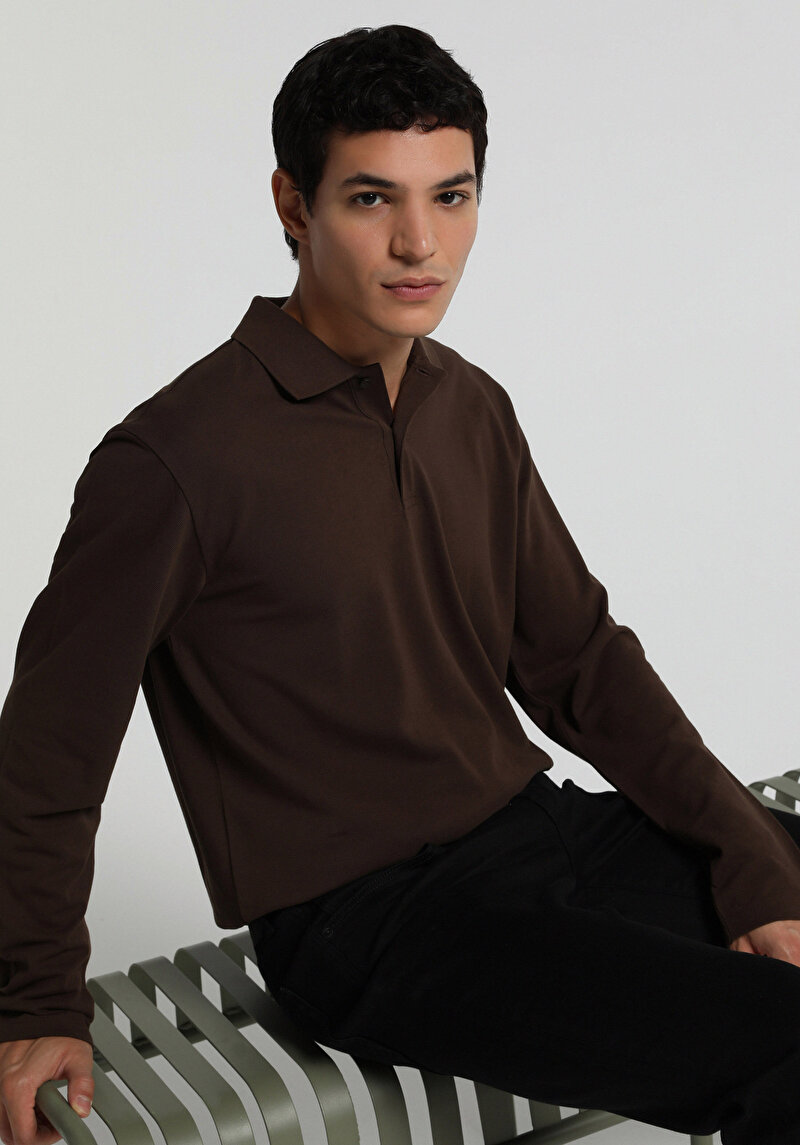 Imagine a Tricou Polo Cu Maneca Lunga De Barbati Maro Regular Fit