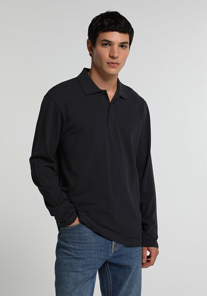 Imagine a Tricou Polo Cu Maneca Lunga De Barbati Albastru Marin Regular Fit