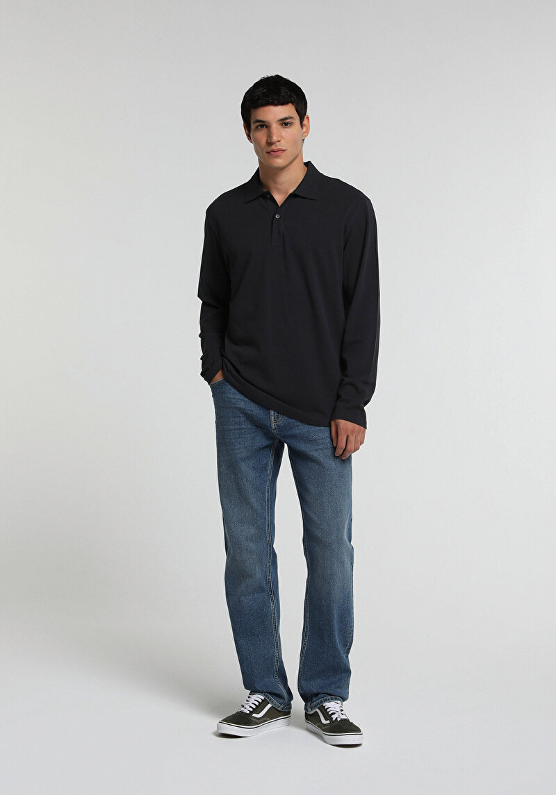Imagine a Tricou Polo Cu Maneca Lunga De Barbati Albastru Marin Regular Fit