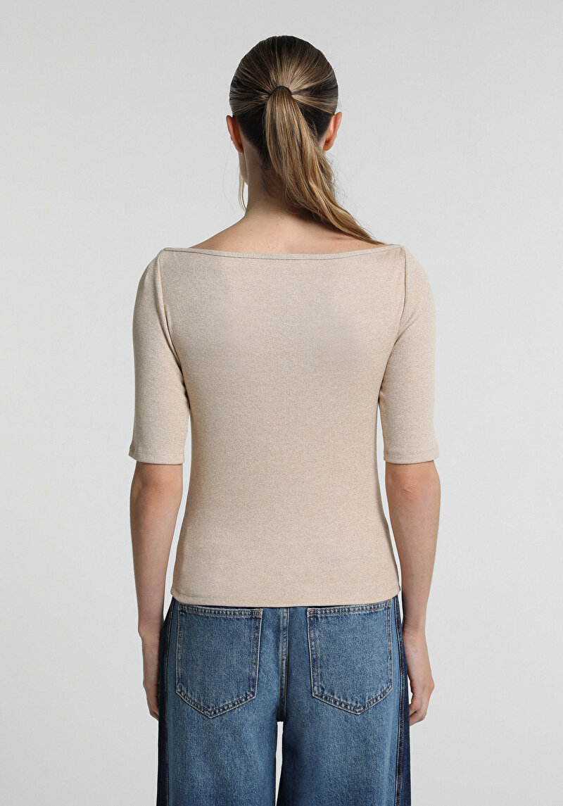Imagine a Pulover Cu Mâneci Scurte De Dama Bej Slim Fit