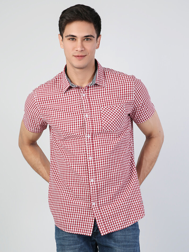 Imagine a Gulerul Cămășii Barbati Roşu Camasa Cu Maneca Scurta