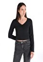 thumb-Afișați detalii pentru Slim Fit V-Neck Drept Tricou Negru Manșon Lung Pentru Femei