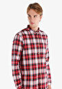 thumb-Afișați detalii pentru Regular Fit Cămașă Gât În Carouri Cămașă Roșie Cu Mânecă Lungă Pentru Bărbați