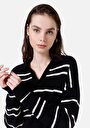 thumb-Afișați detalii pentru Regular Fit Polo Collar Striped Pulover Negru Pentru Femei