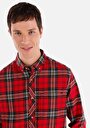 thumb-Afișați detalii pentru Regular Fit Cămașă Gât În Carouri Cămașă Roșie Cu Mânecă Lungă Pentru Bărbați