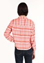 thumb-Afișați detalii pentru Regular Fit Cămașă Gât În Carouri Cămașă Portocalie Cu Mânecă Lungă Pentru Femei