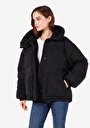 thumb-Afișați detalii pentru Palton Negru Pentru Femei Cu Glugă Regular Fit