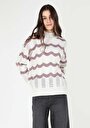 thumb-Afișați detalii pentru Pulover Alb Pentru Femei Cu Jumătate De Guler Cu Dungi Regular Fit