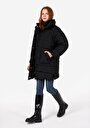 thumb-Afișați detalii pentru Palton Negru Pentru Femei Cu Glugă Regular Fit