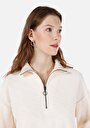 thumb-Afișați detalii pentru Regular Fit Tricou Cu Fermoar Jacquard Pentru Femei Cu Mânecă Lungă Ecru